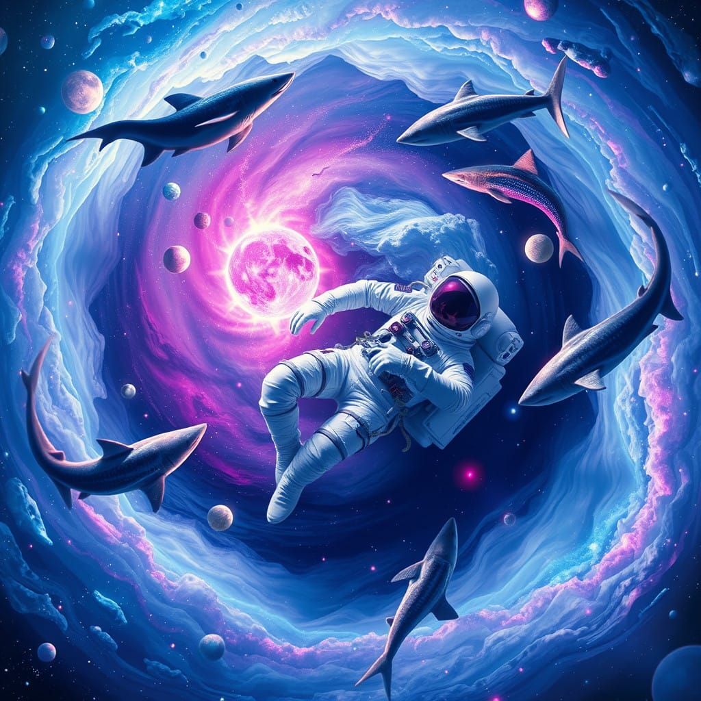 Space Cowboy Surrounded by Swirling Nebula and Orbiting Shar...