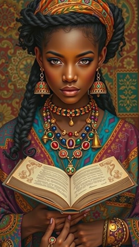 Woman with Braids Reading Book with Ornate Jewelry