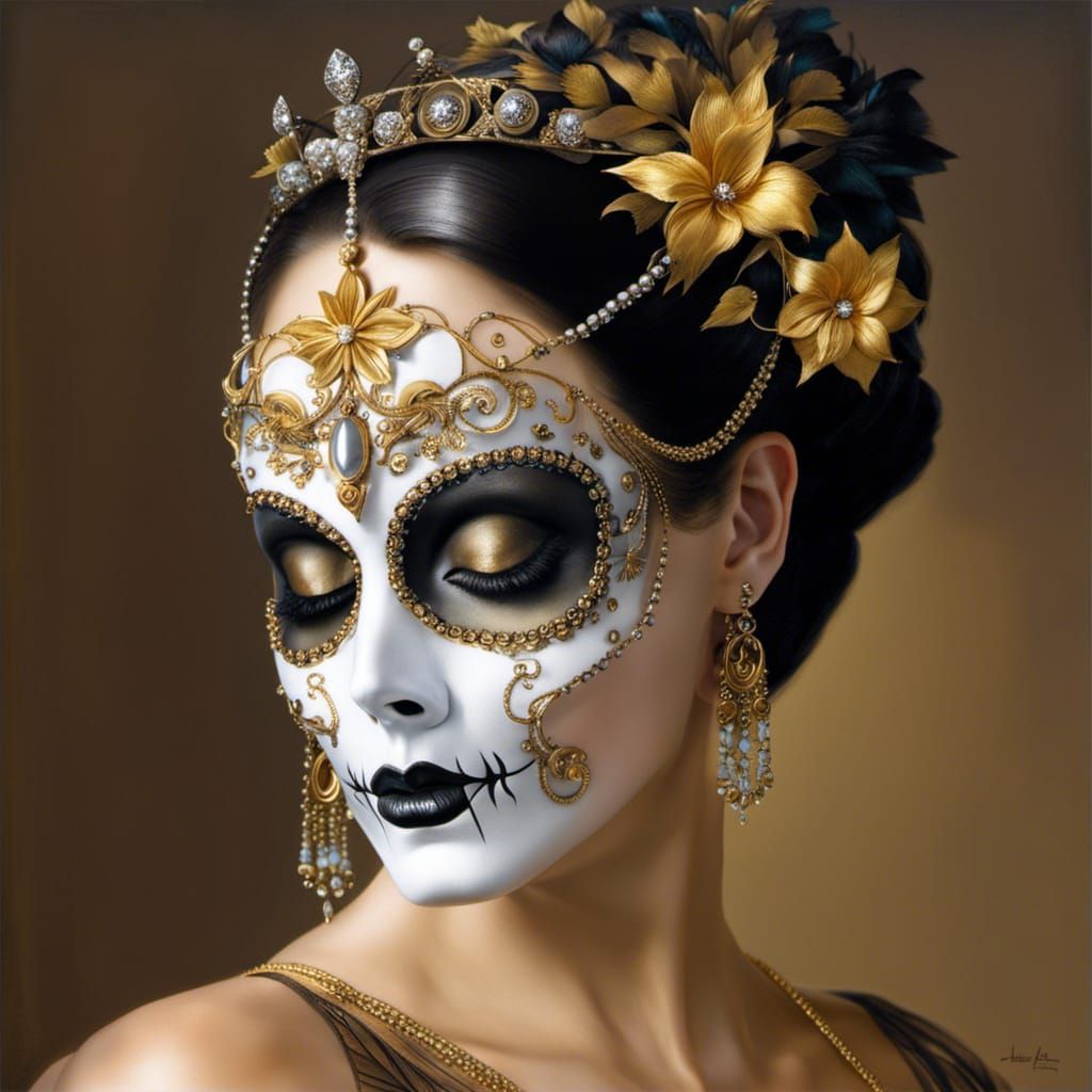 Victorian Lady with Skull Mask in Baroque Style