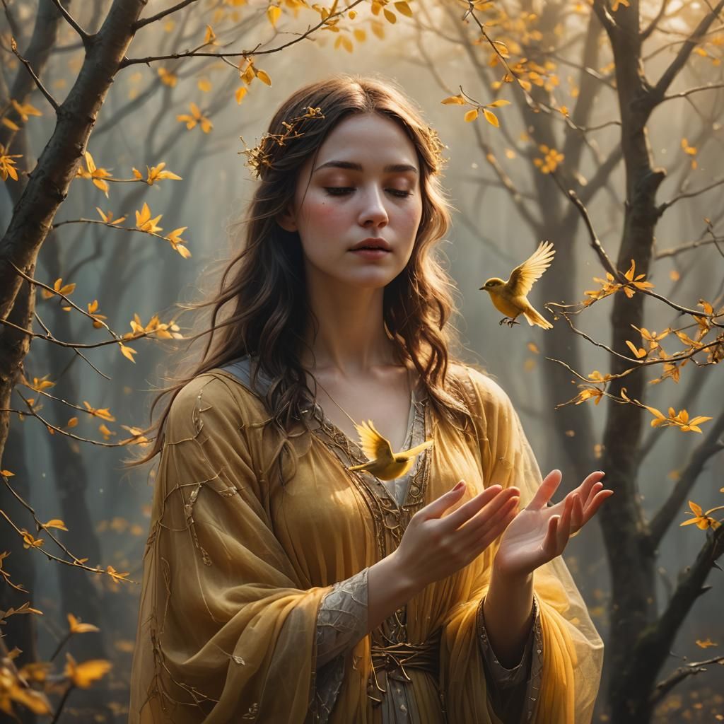Dreamy Portrait of Woman with Bird in Ethereal Style