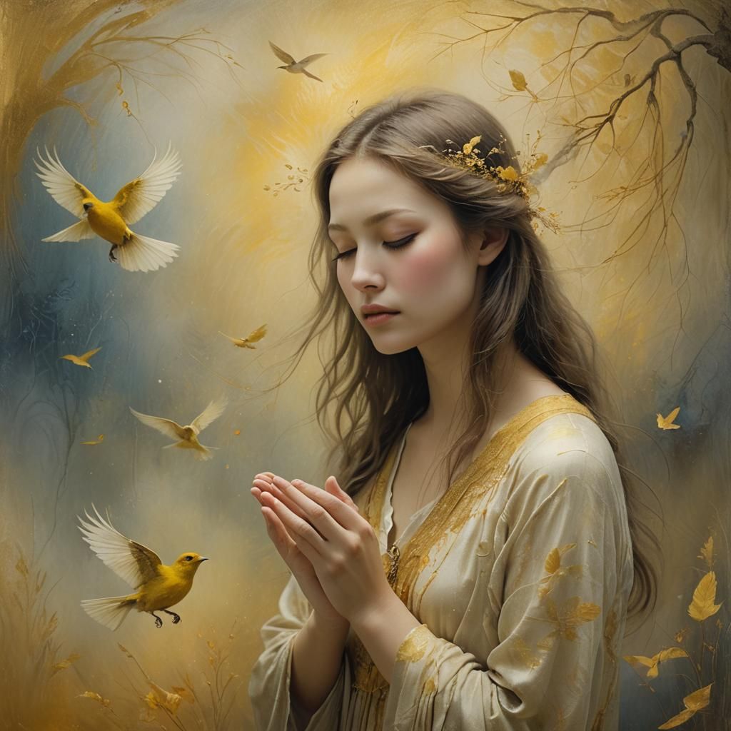 Ethereal Woman with Bird: a Watercolor Dreamscape