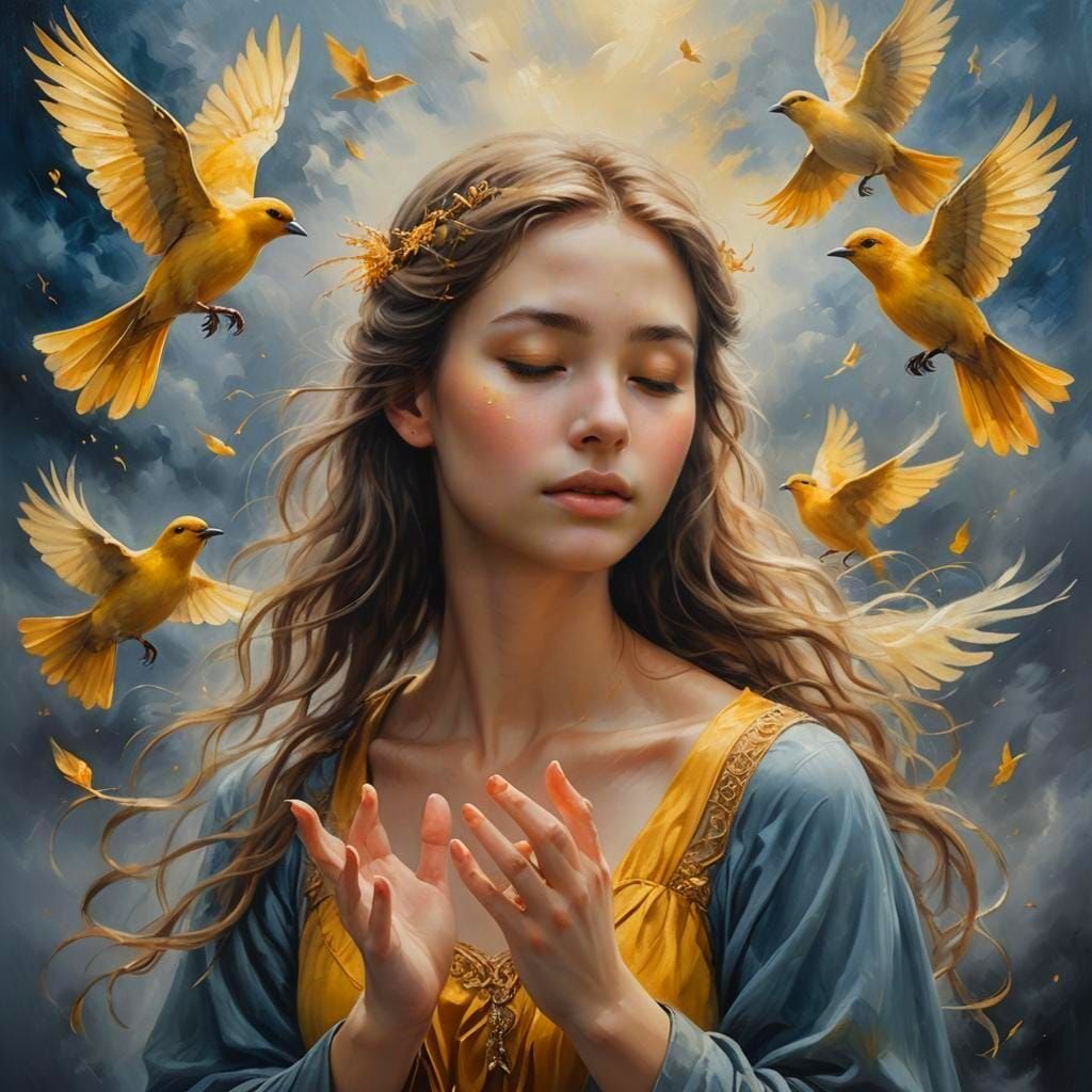 Dreamlike Woman with Golden Bird