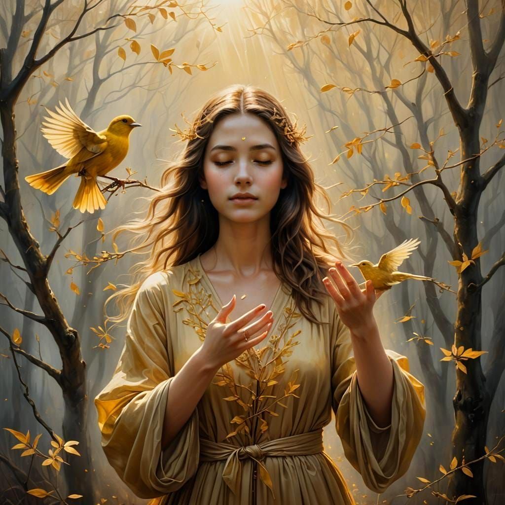 Serene Woman with Bird in Dreamlike Setting