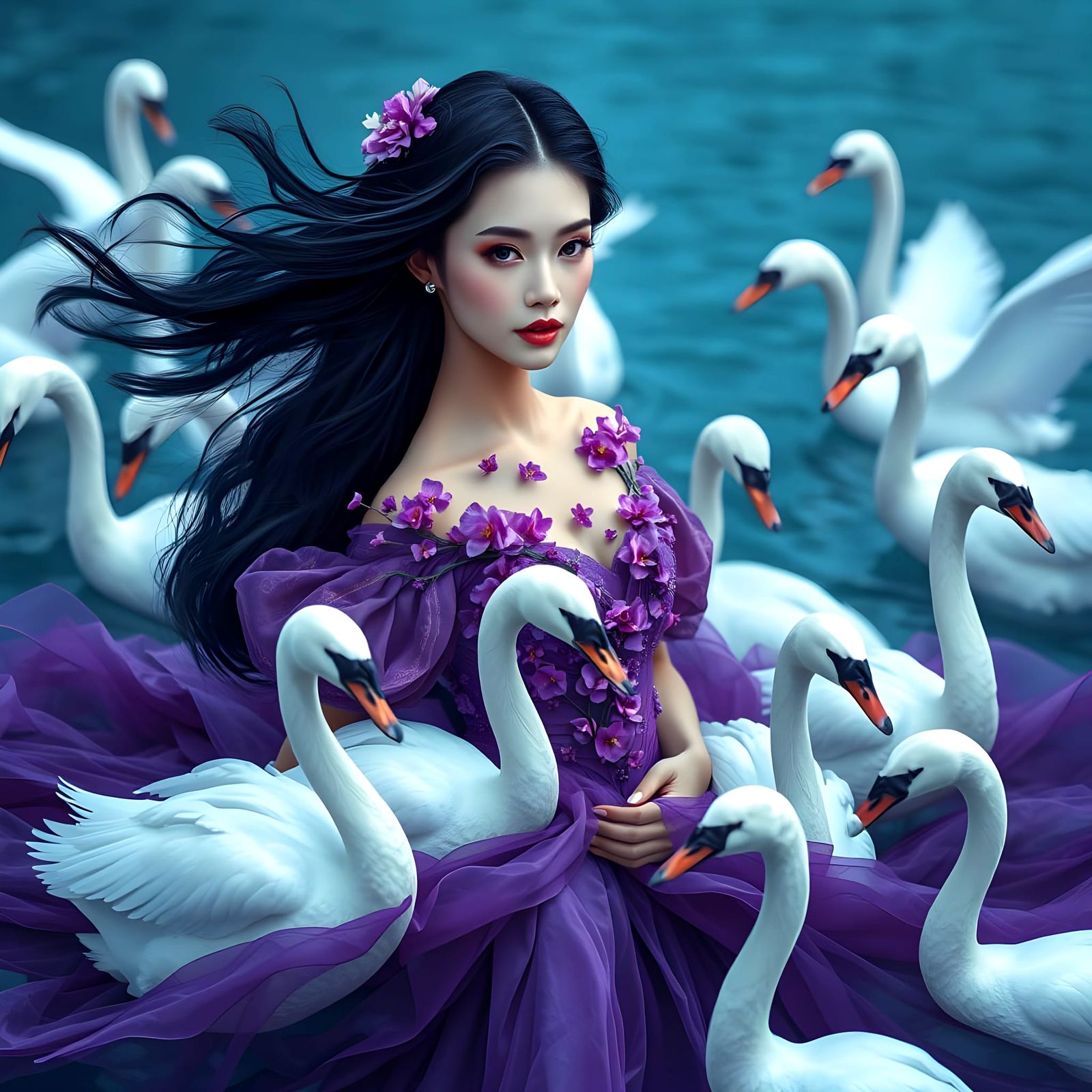 Majestic Woman Surrounded by Graceful Swans in Deep Purple L...