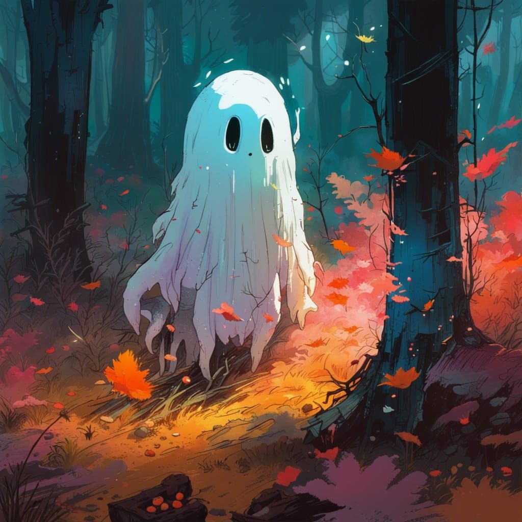 Cute Ghost in Forest, Digital Illustration