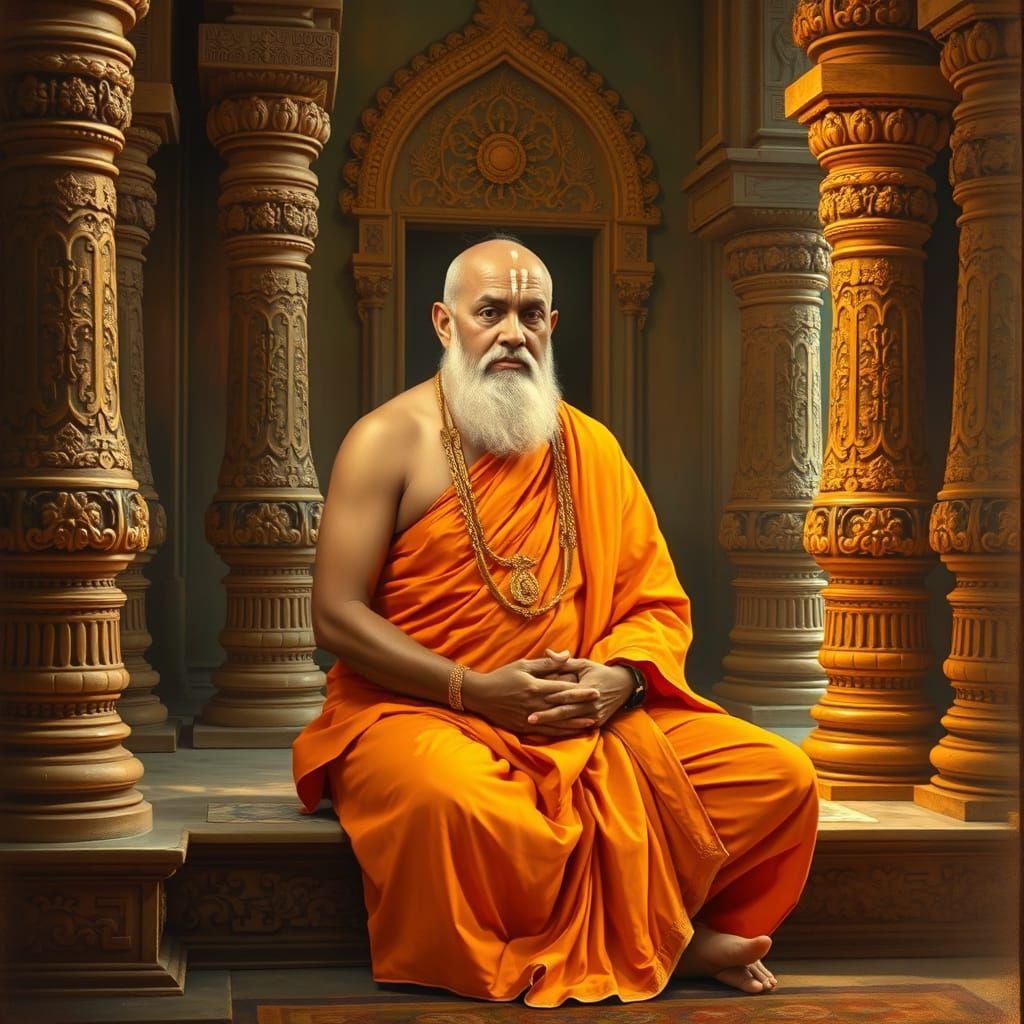 Hindu Abbot in Serene Temple Setting