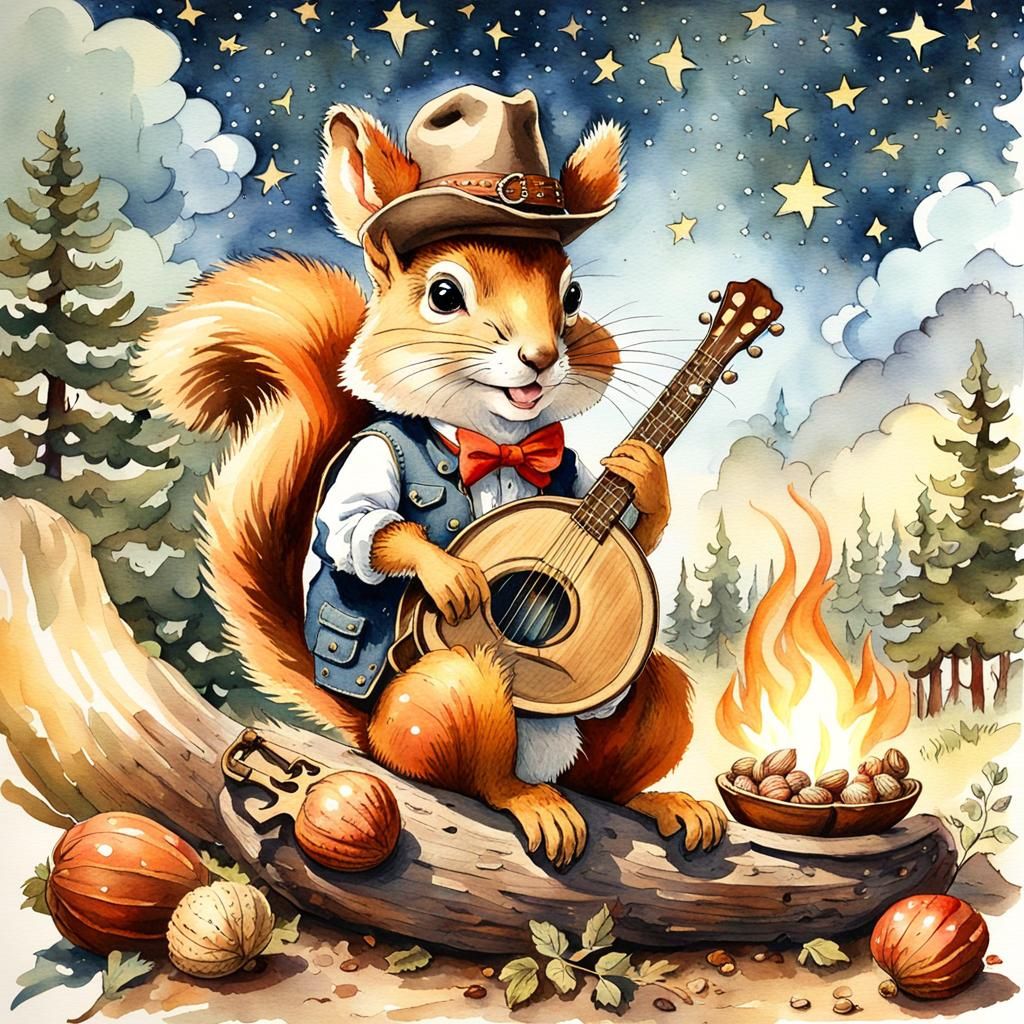 Cowboy Squirrel's Starry Campfire Serenade in Watercolor