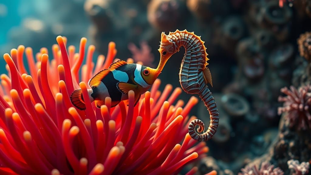 Clownfish and Seahorse in Coral Reef, Hyperrealistic Film St...