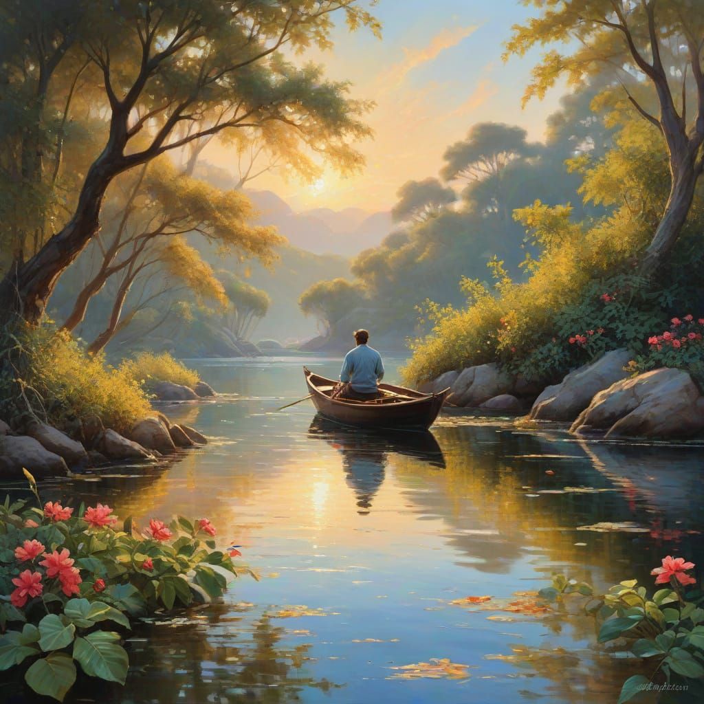 Impressionistic Oil Painting of Man on Serene Beach with Gol...