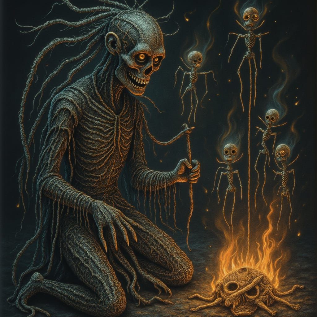 Surreal Shaman with Voodoo Dolls in Giger Style
