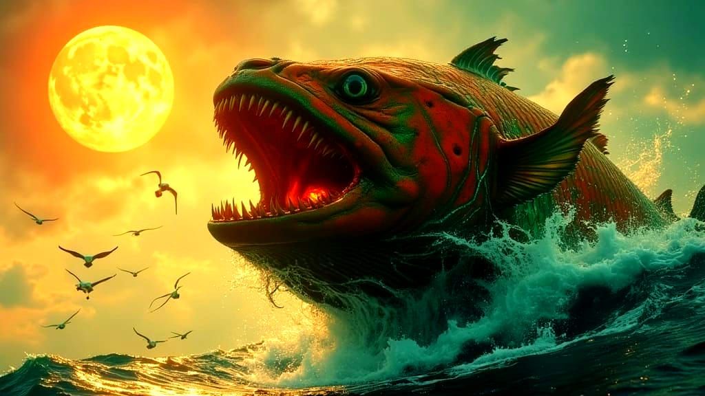 A colossal rust-red Sea Monster