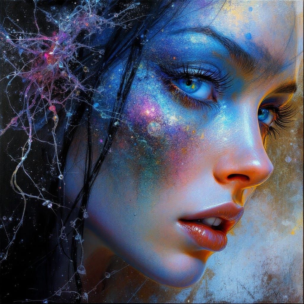 Woman Made of Shimmering Eyeshadows as Oil Painting