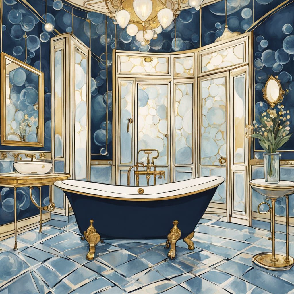 Art Deco Woman in Bathtub with Champagne