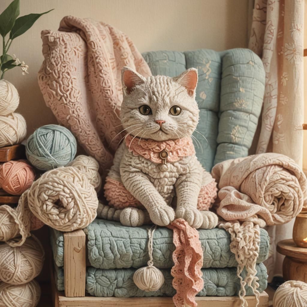 crochet kitty in a cozy home UKIYO-E STYLE