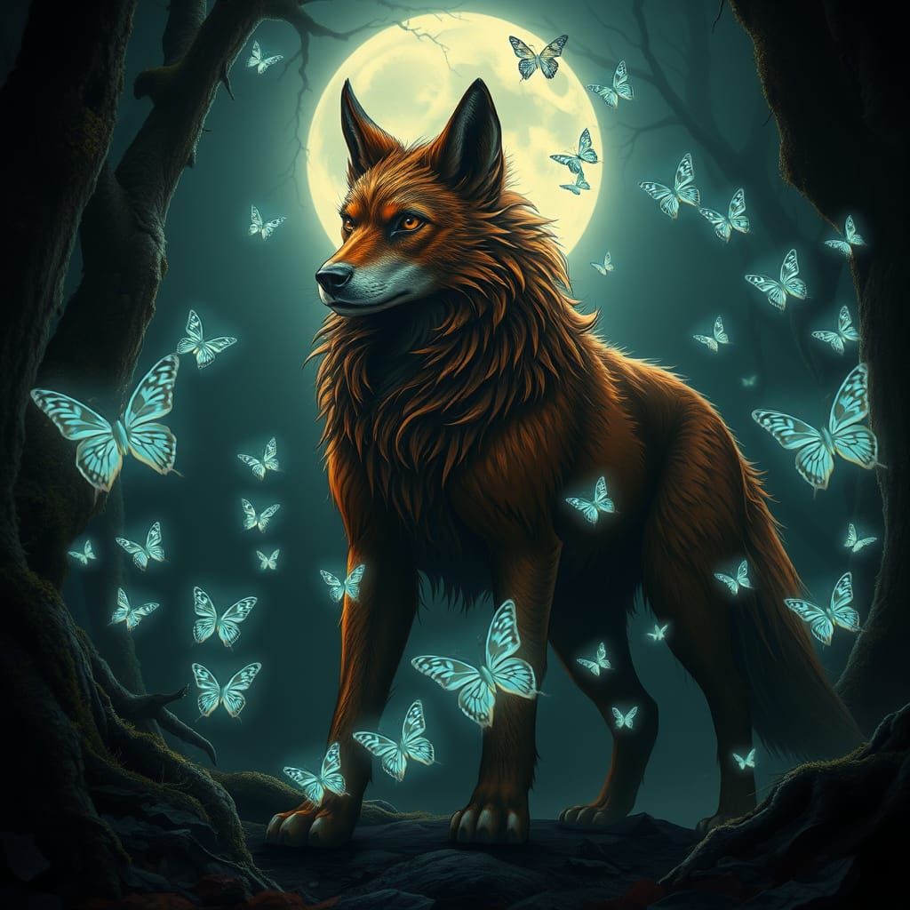 Canine-Vulpine Hybrid in Moonlit Forest with Bioluminescent ...