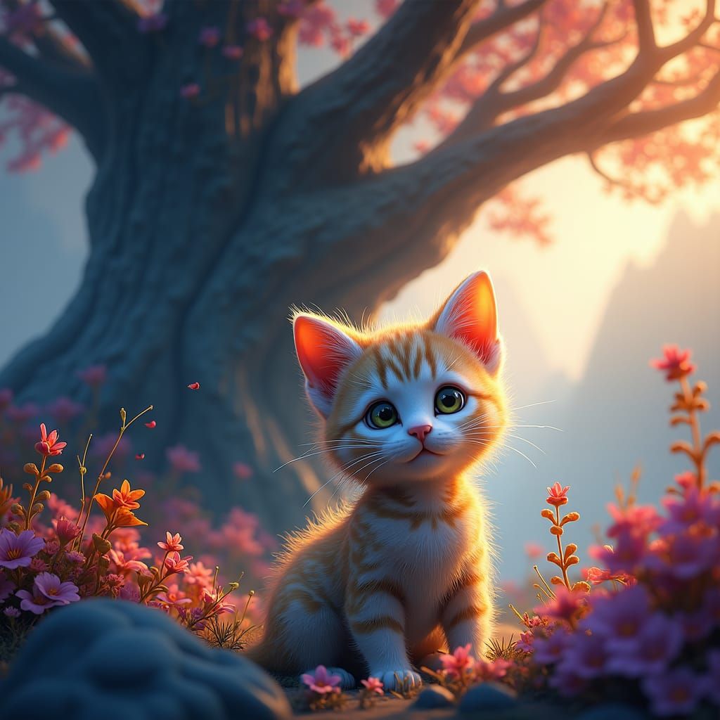 Whimsical Kitten in a Lush Fantasy Landscape