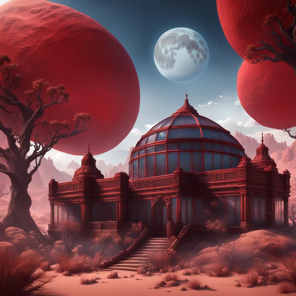 Desert Glasshouse Under Red Sky: Detailed Matte Painting