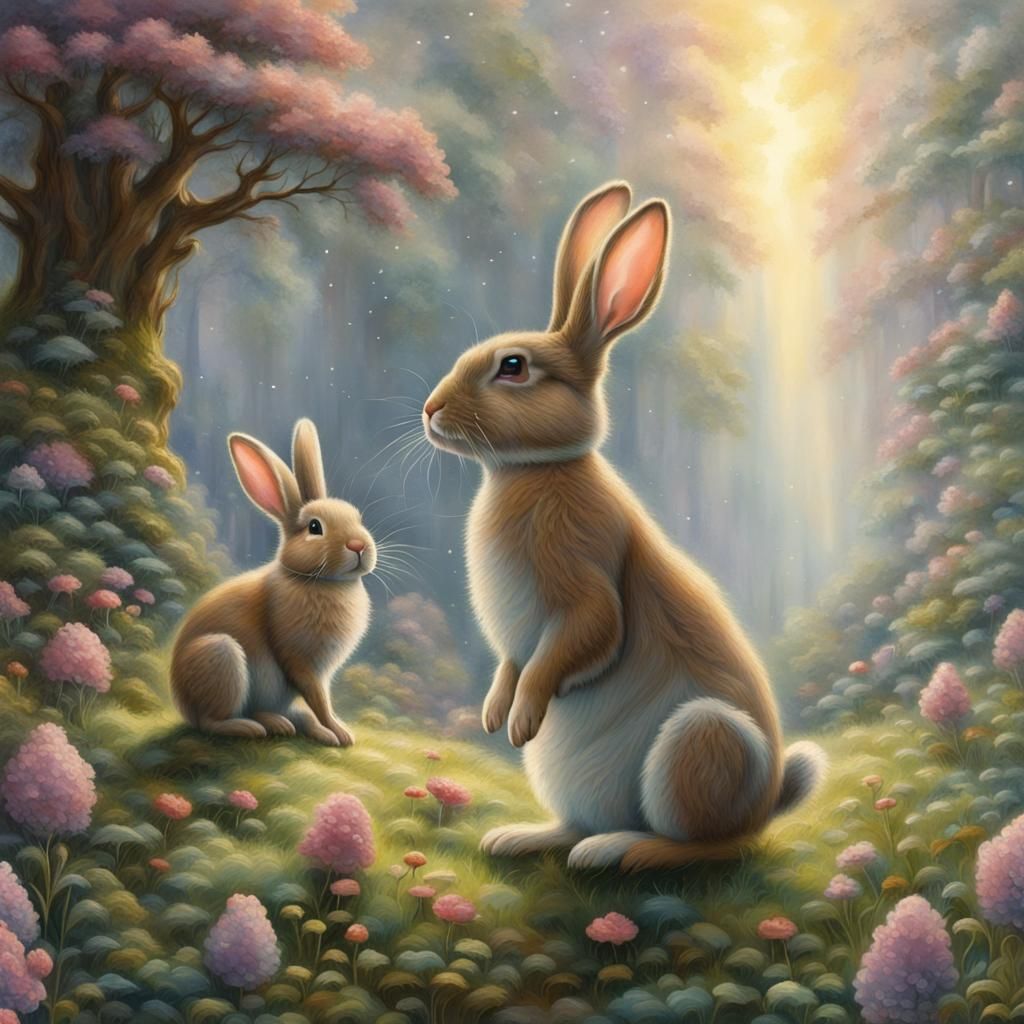Whimsical Folk Art Rabbits in Ethereal Mist