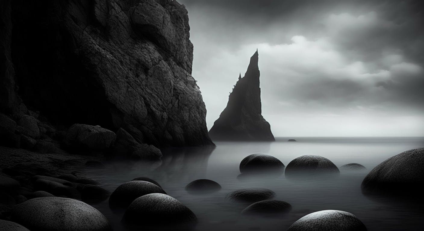 Gothic Coastal Scene in Black and White