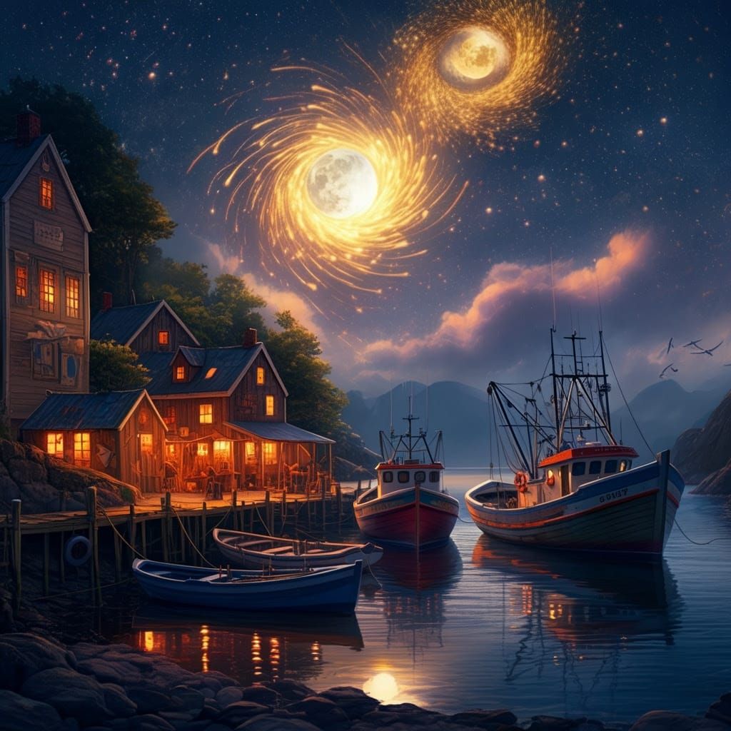 Surreal Golden Hour Fantasy Harbor Scene with Swirling Nebul...