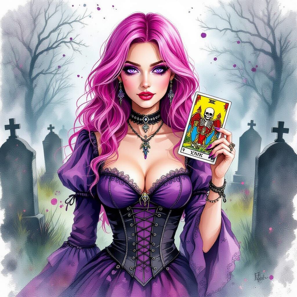 Gothic Gypsy Woman with Death Card in Watercolor Style