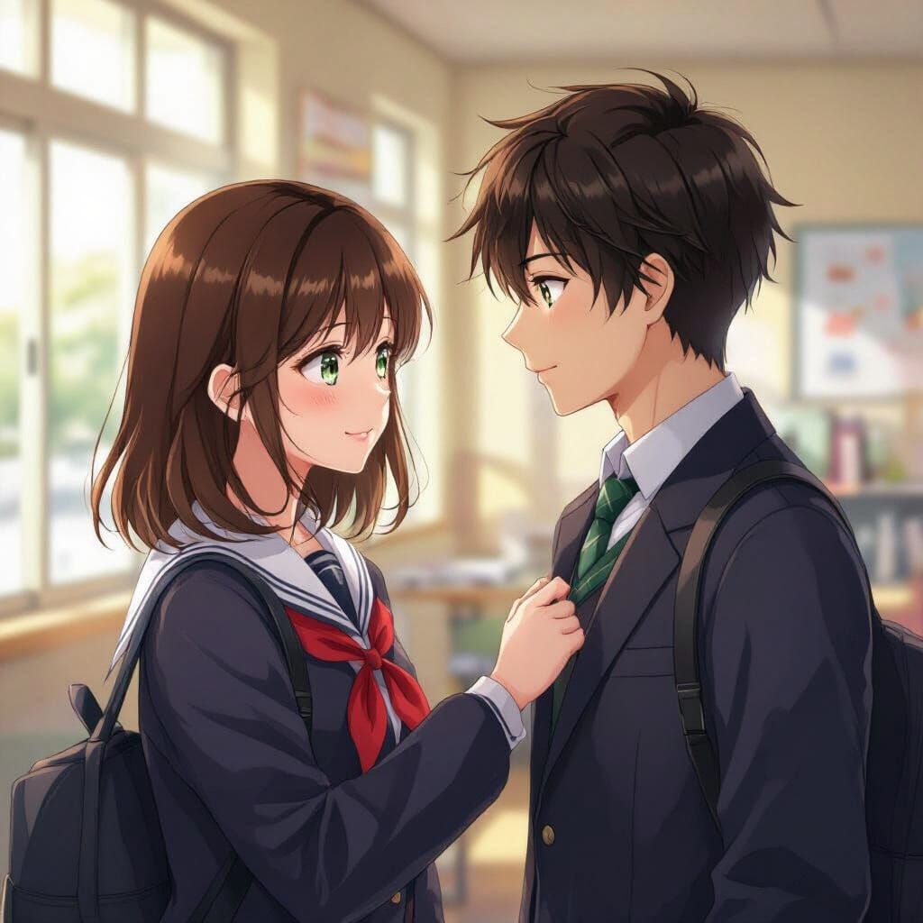Anime Couple in School Uniforms Embrace Warmly