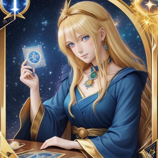 Anime Woman with Phoenix Tarot Cards and Golden Light