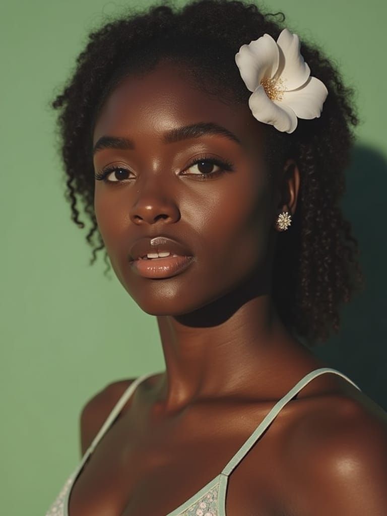 Elegant Portrait of Black Woman with White Flower