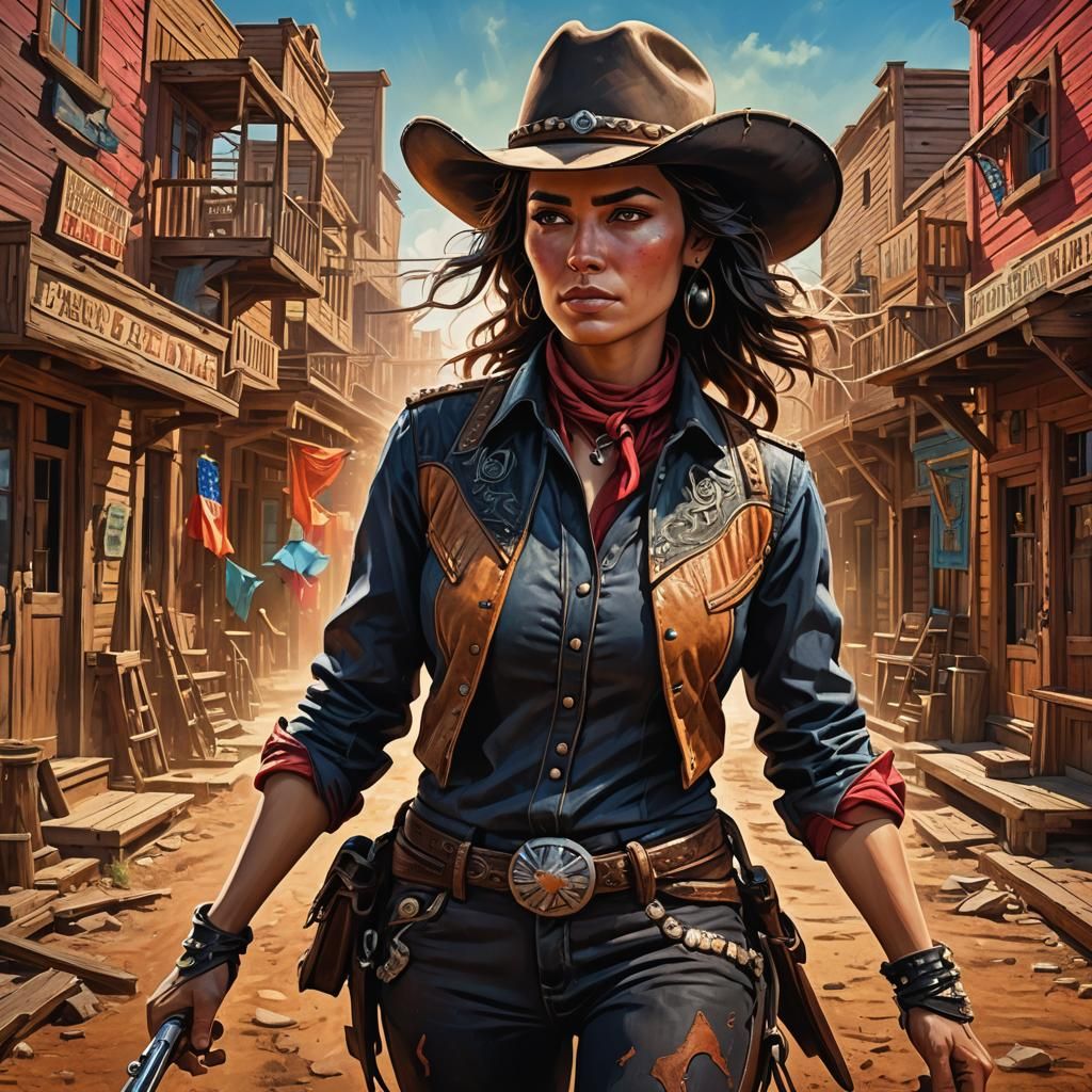 Daring Female Cowboy in Vibrant Wild West Town