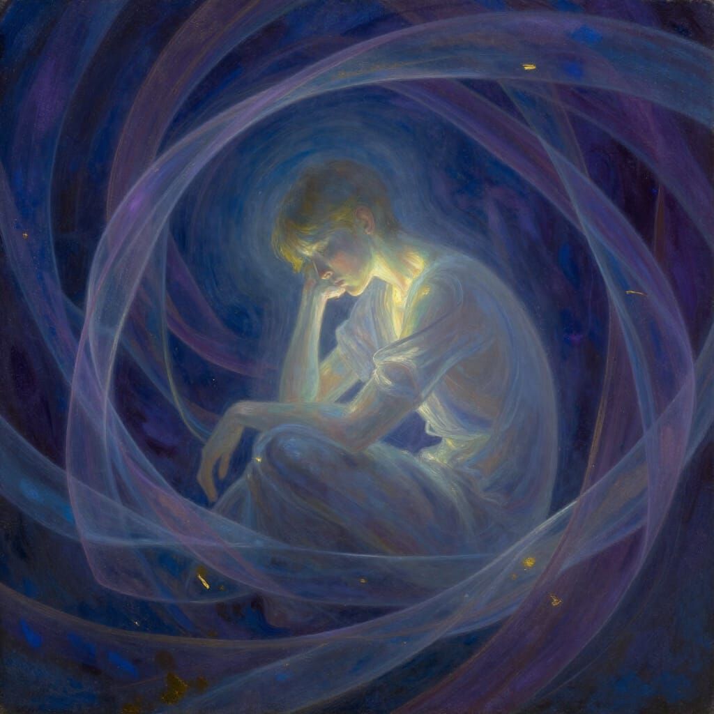 Figure Lost in Thought Amidst Swirling Colors