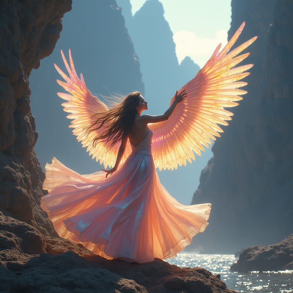 Woman Transforms into Wings on Ancient Mountain in Vibrant, ...