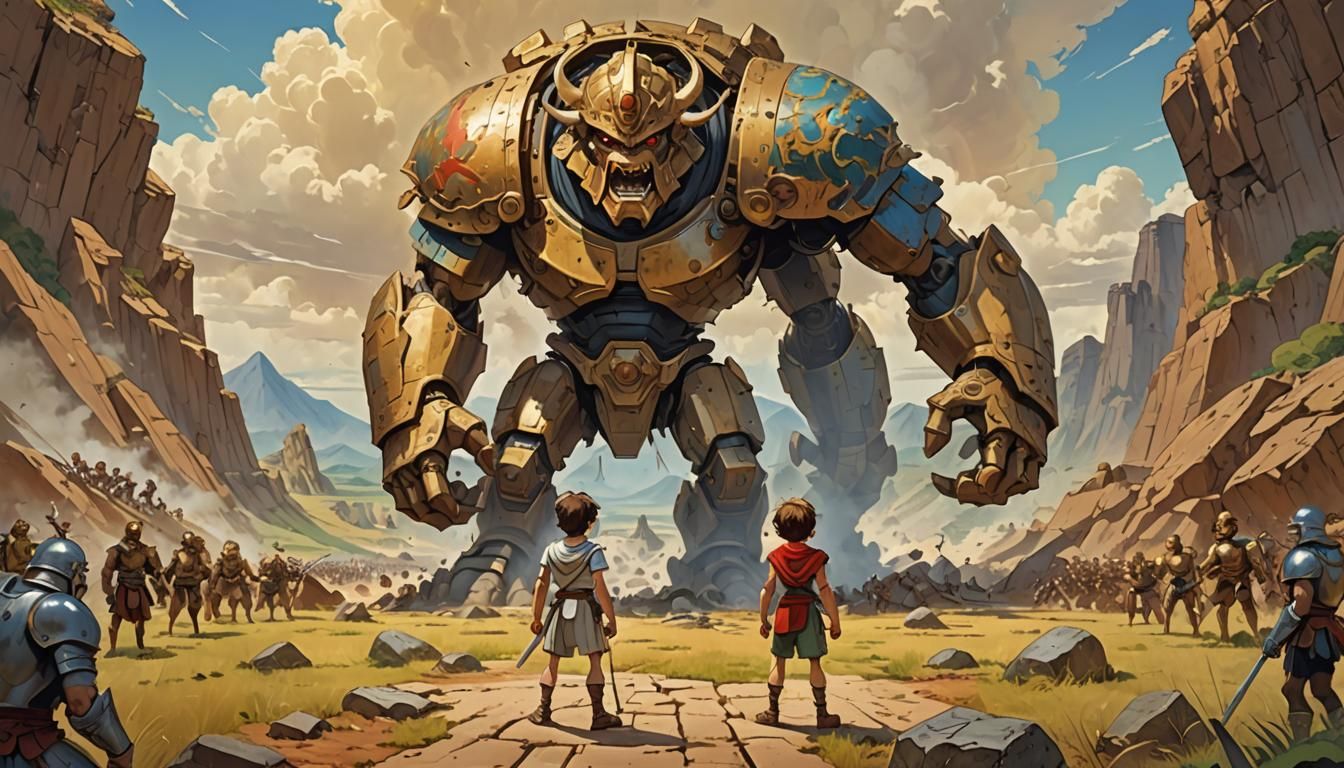 David and Goliath Duel in Anime Style