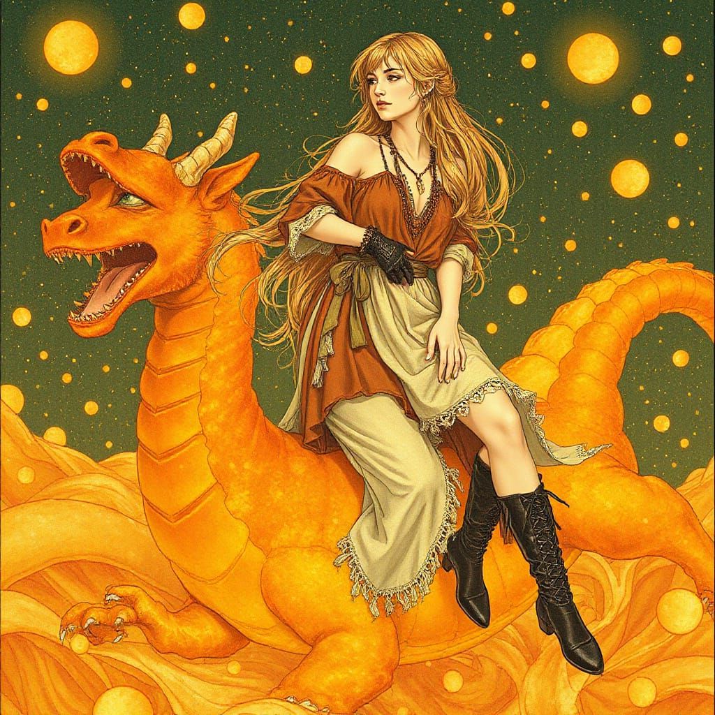 Bohemian Woman on Gummy Dragon in Soda Sea