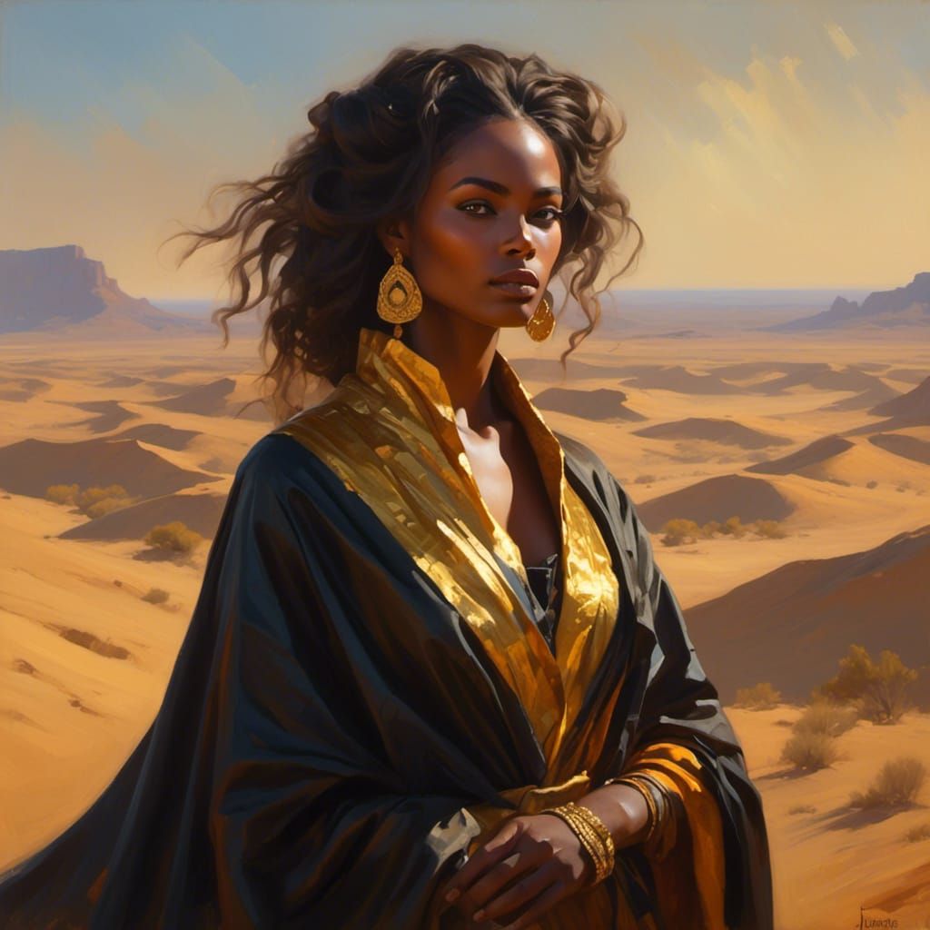 lady African-American with black cloak with gold in Golden Eyes