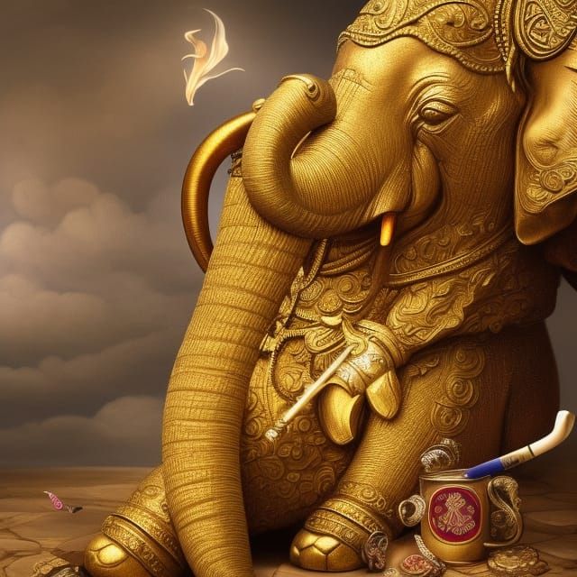 Golden Elephant Enjoying Tea in Ornate Portrait