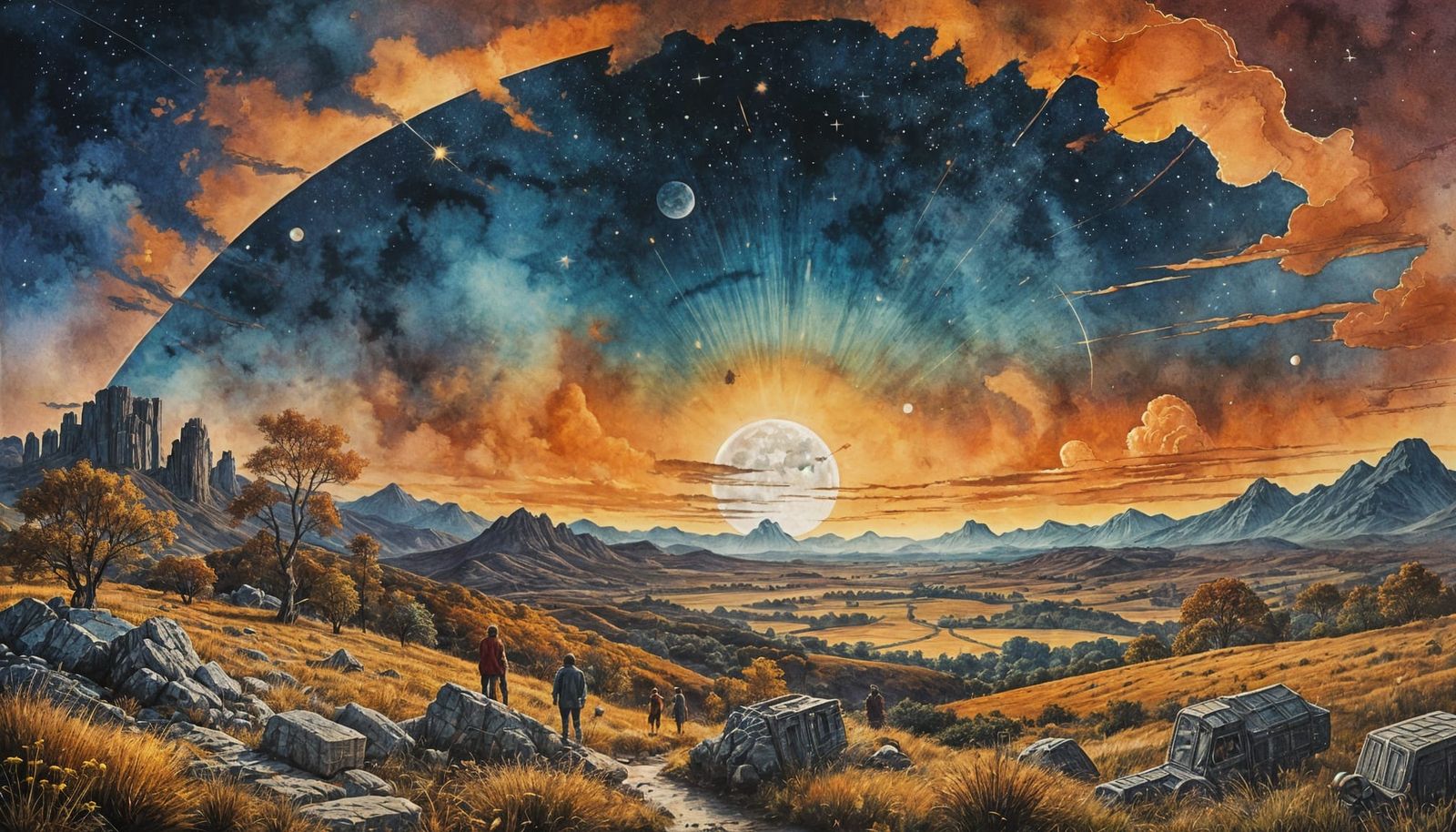 Autumn Night Sky Scene in Warm, Detailed Ink and Watercolor