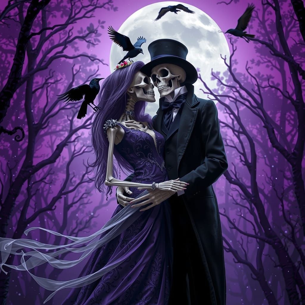 Skeleton Couple in Gothic Moonlit Forest