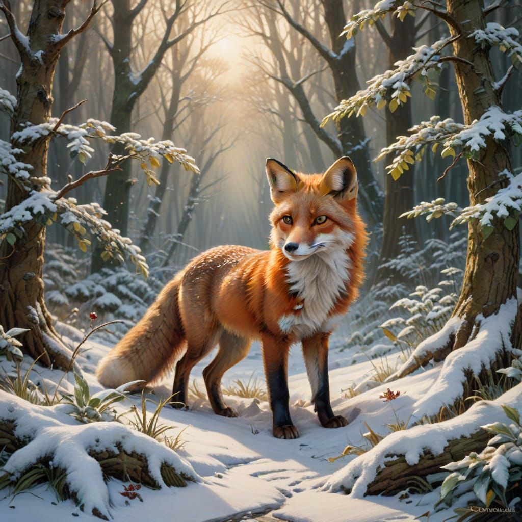 Fox in Snowy Grove: Pre-Raphaelite Oil Painting