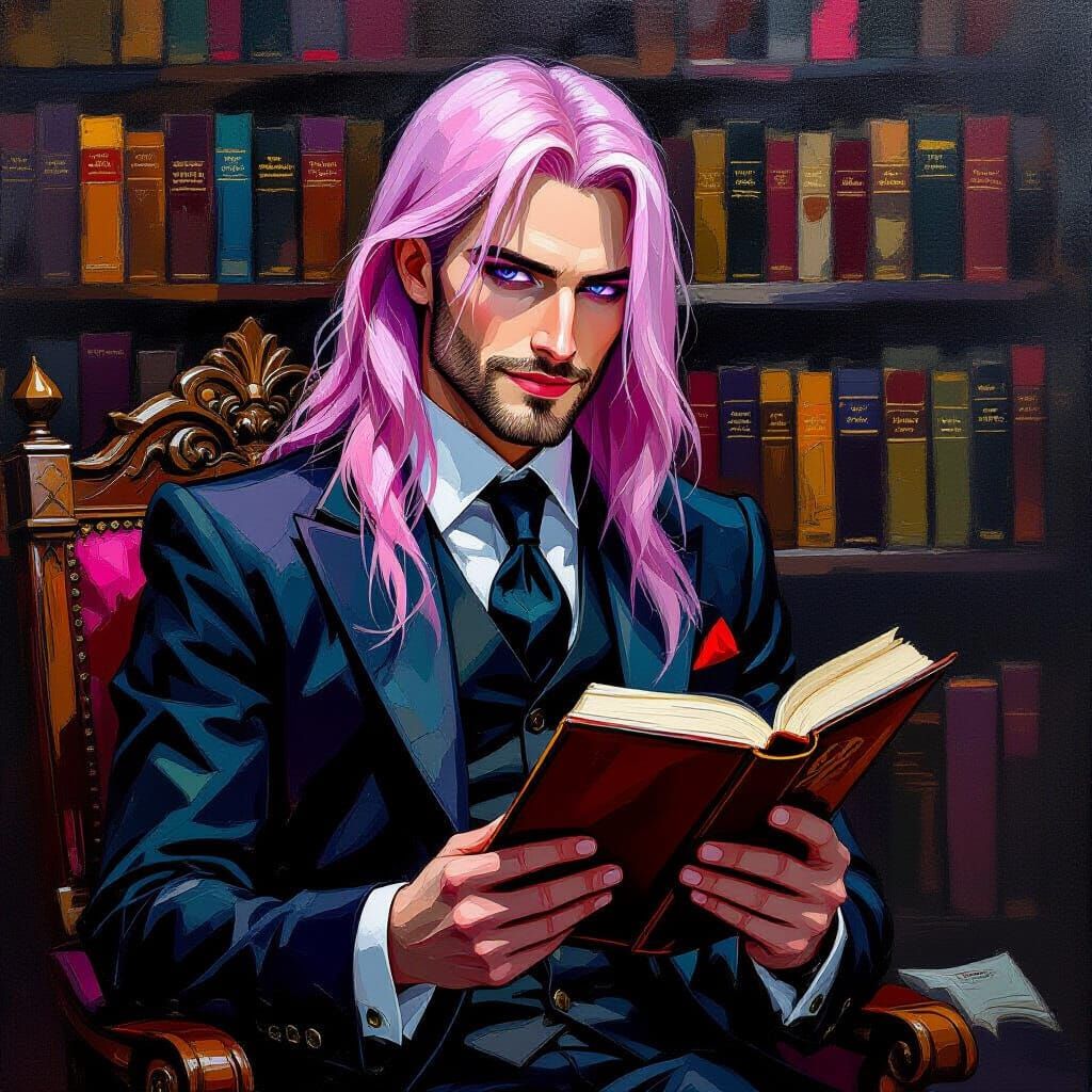 Gothic Library Scene: Pink Haired Man Reading in Neo-Impress...