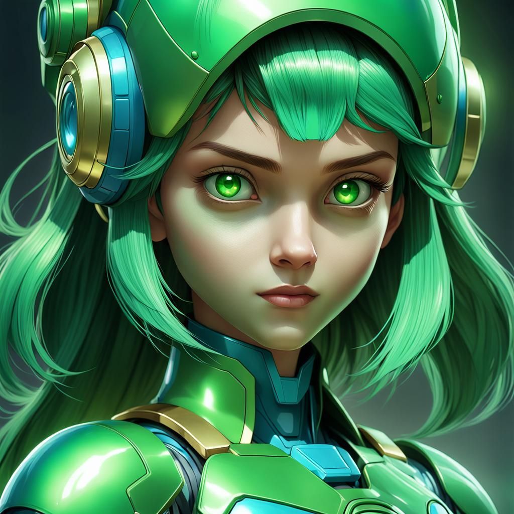 Hyperdetailed Portrait of a Female Green MegaMan