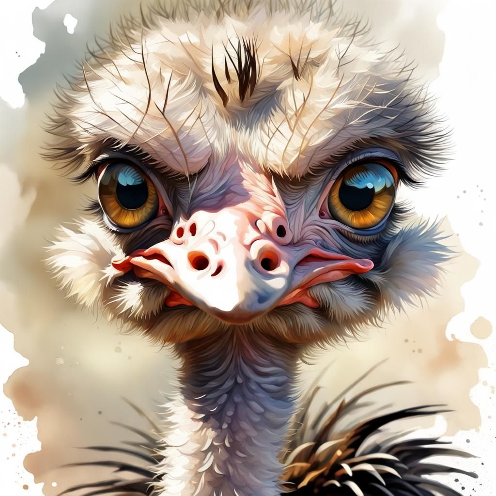 Whimsical Chibi Ostrich Baby Portrait in Watercolor