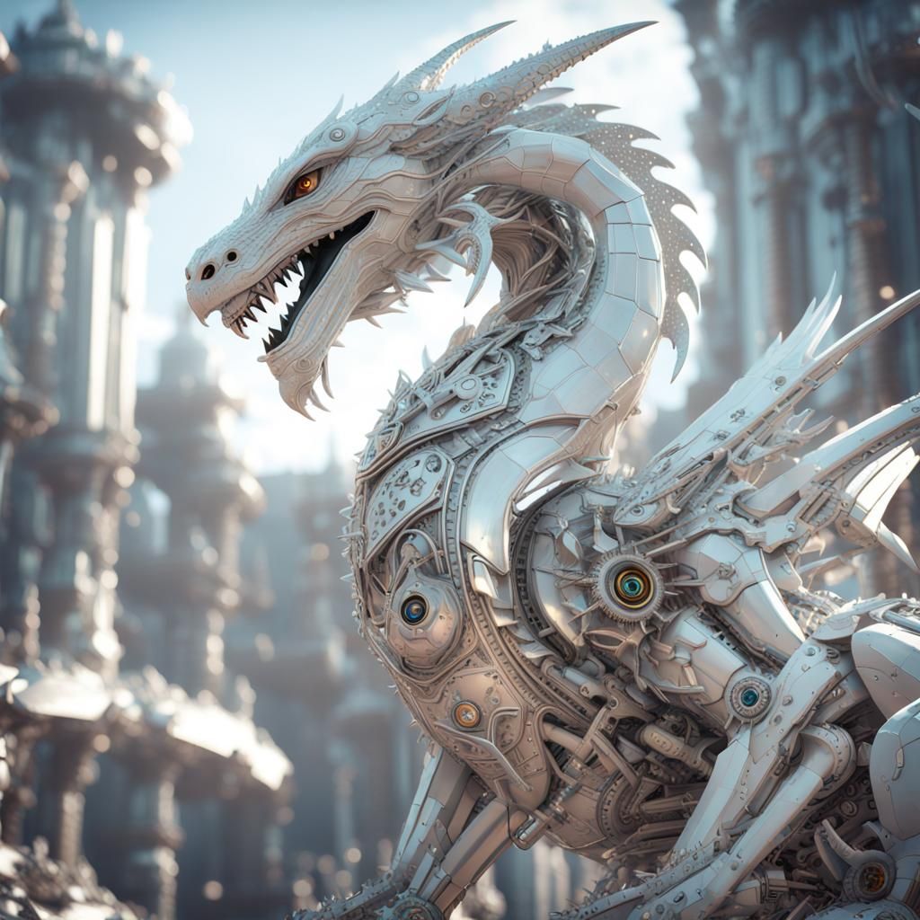 Futuristic White Dragon in Sparkling Fairy World
