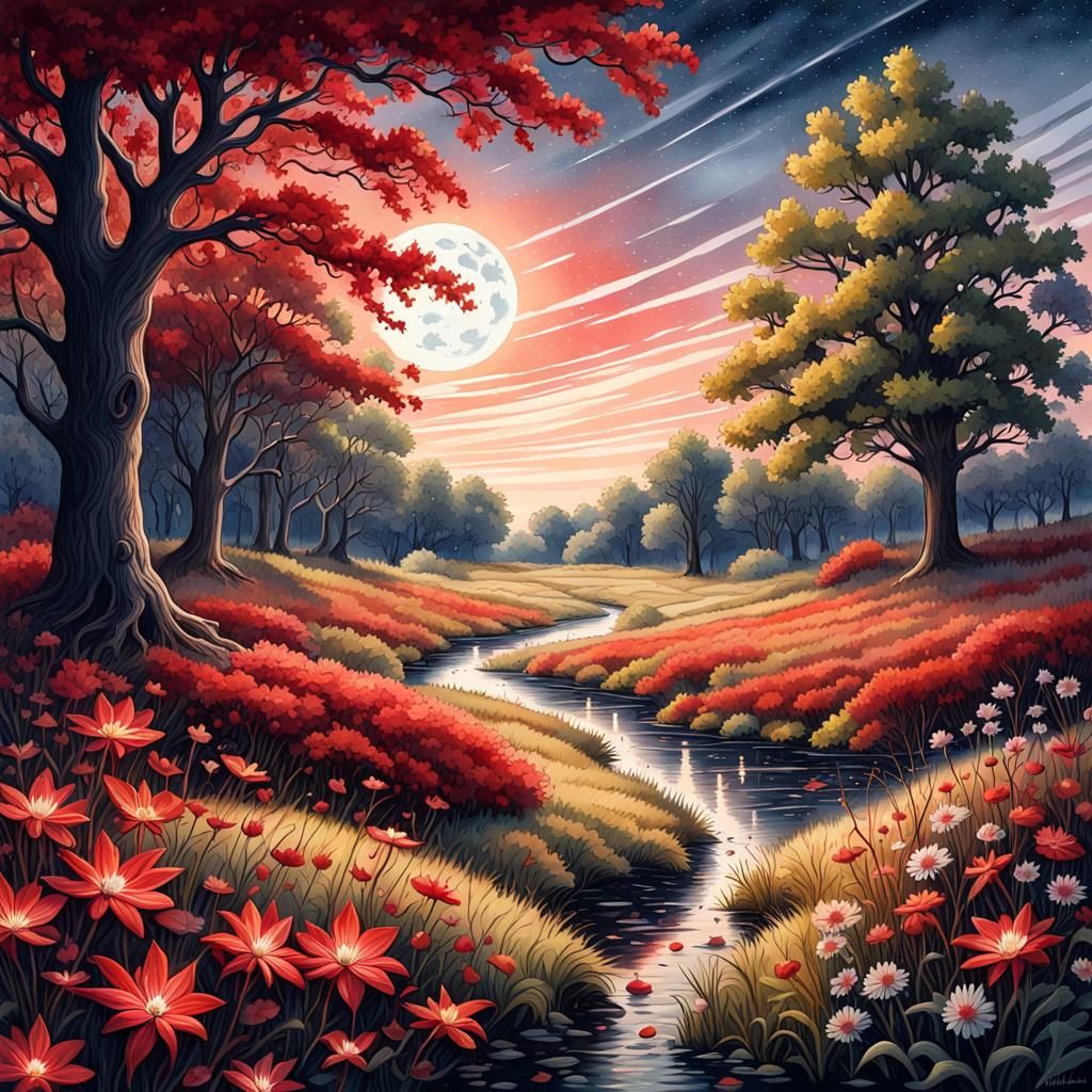 Gothic Watercolor Meadow with Red Flowers and Autumn Moon
