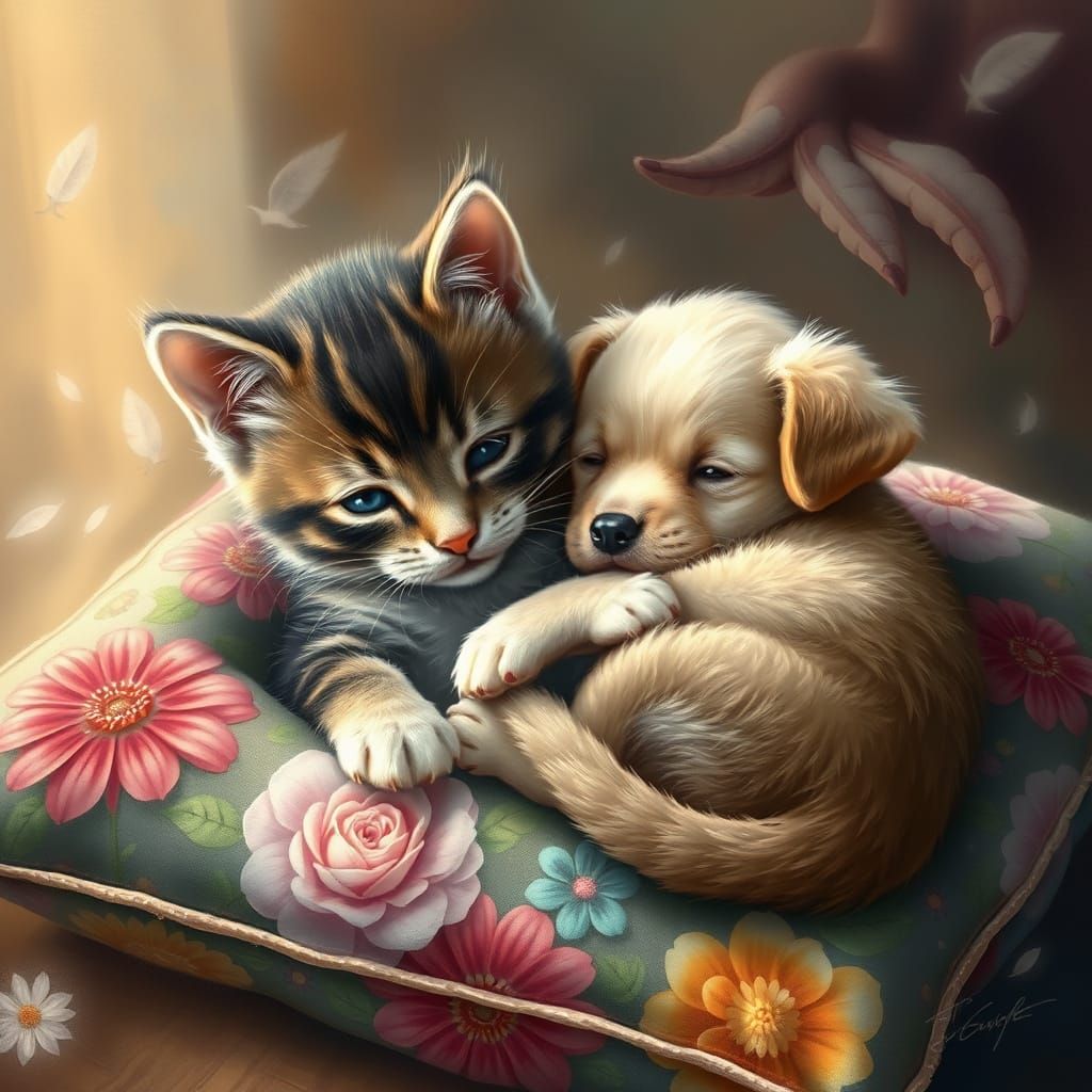 Kitten and Puppy Cuddle on Floral Pillow
