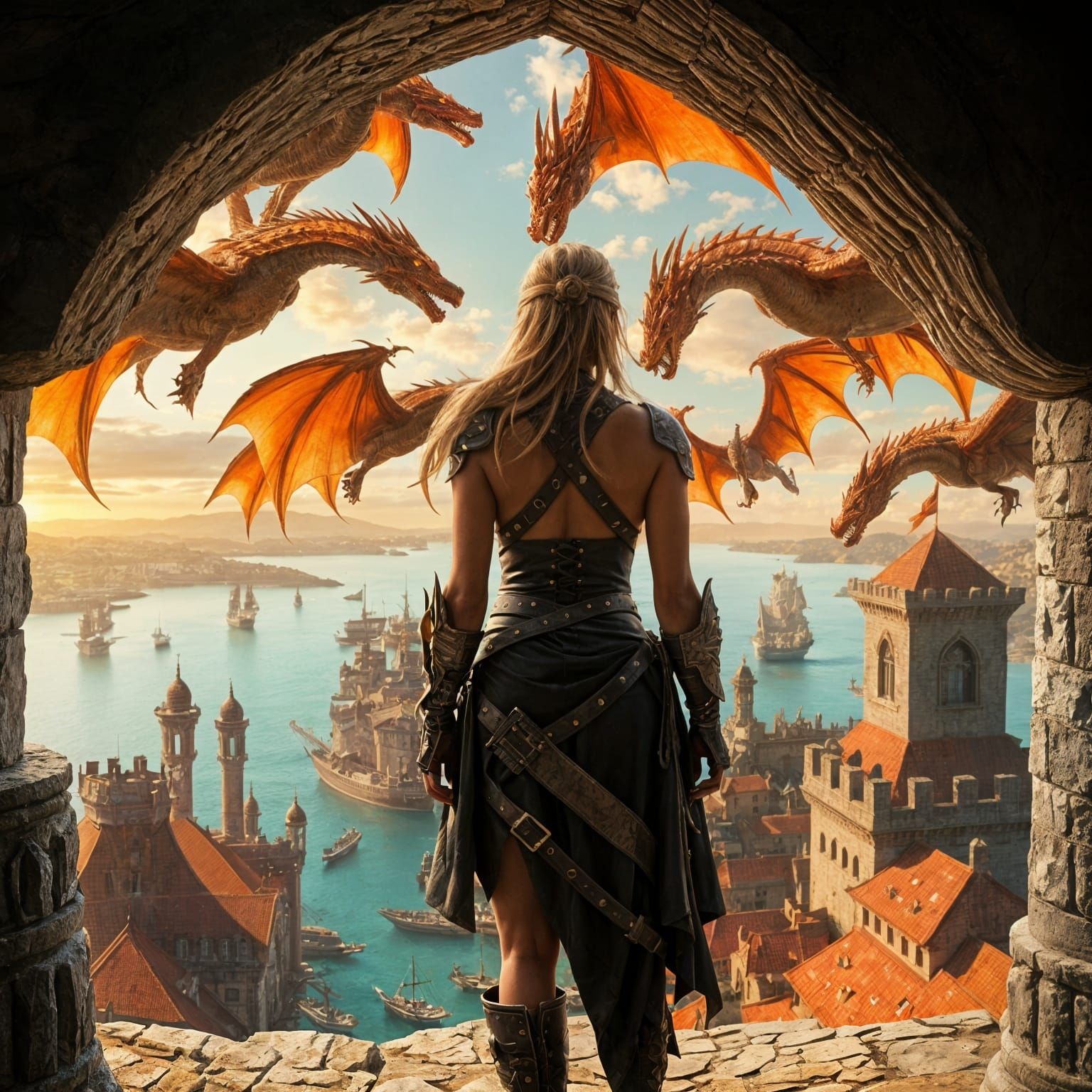 Fantastical Warrior Sees Dragons Attack Boats at Sea