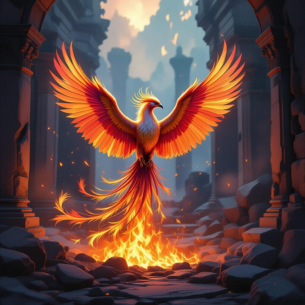Majestic Phoenix Rises from Embers in Ethereal Light