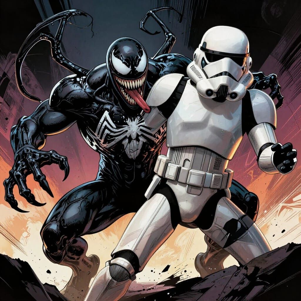 Venom Devours Stormtrooper in Epic Comic Art Style
