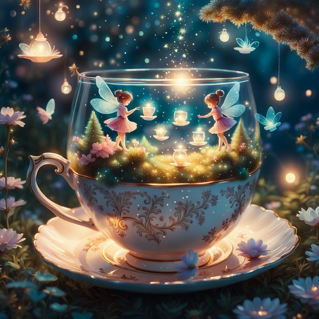 Fairies' Magical Teacup Garden: Art Nouveau Illustration