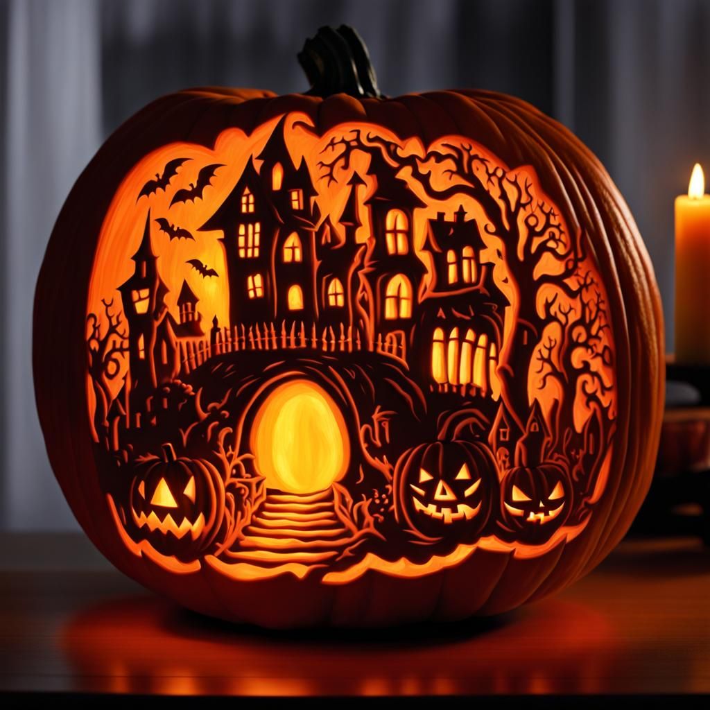 Intricately Carved Halloween Pumpkin with Eerie Glow
