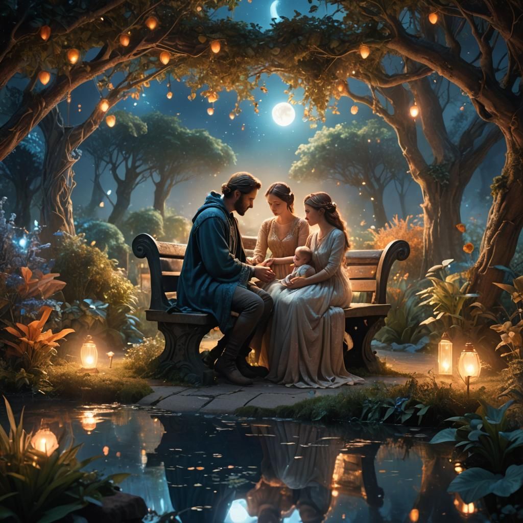Mystical Garden Scene with Child and Baby